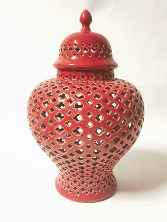 Vintage Red Porcelain Hollow Ginger Jar: Vintage Red Porcelain Hollow Ginger Jar, 15in