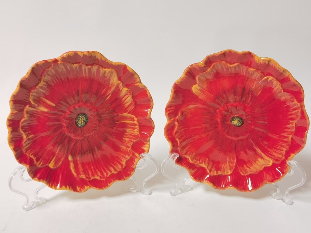 Pr. of Pier1Imports Porcelain Poppie Plates: Pr. of Pier1Imports Porcelain Poppie Plates, 8in