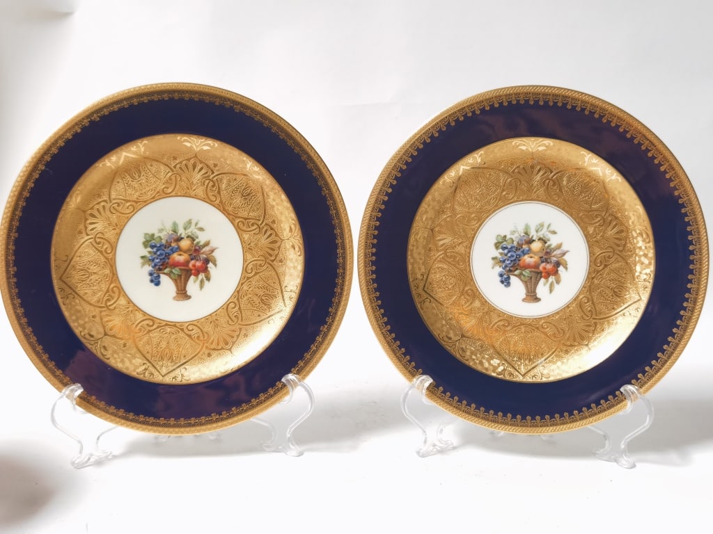 Pr. of Vintage Black Knight Gilt Porcelain Floral: Pr. of Vintage Black Knight Gilt Porcelain Floral Plates, 10.75in