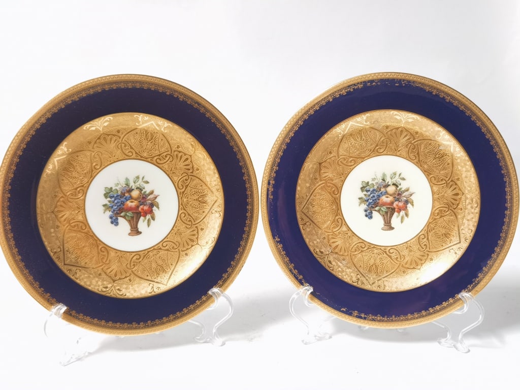 Pr. of Vintage Black Knight Gilt Porcelain Floral: Pr. of Vintage Black Knight Gilt Porcelain Floral Plates, 10.75in