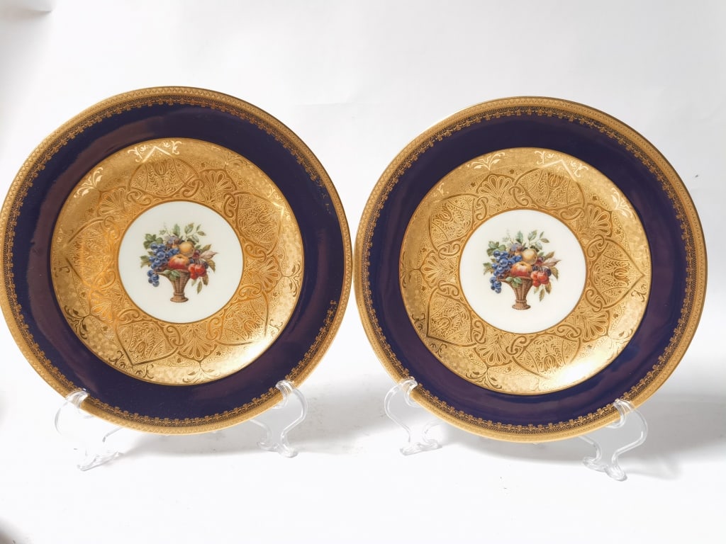 Pr. of Vintage Black Knight Gilt Porcelain Floral: Pr. of Vintage Black Knight Gilt Porcelain Floral Plates, 10.75in