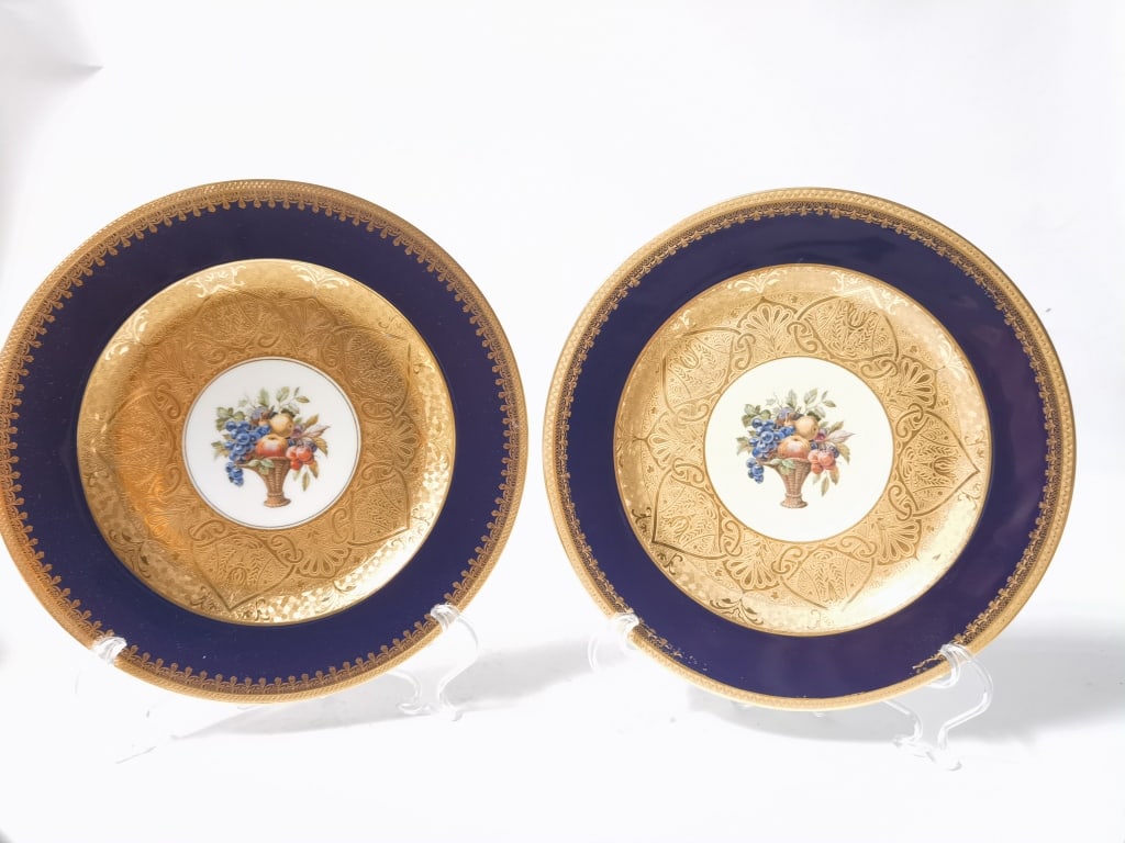 Pr. of Vintage Black Knight Gilt Porcelain Floral: Pr. of Vintage Black Knight Gilt Porcelain Floral Plates, 10.75in