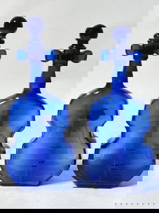 (2) Vintage Violin Shaped Cobalt Blue Glass Decant: (2) Vintage Violin Shaped Cobalt Blue Glass Decanters, 9.75in