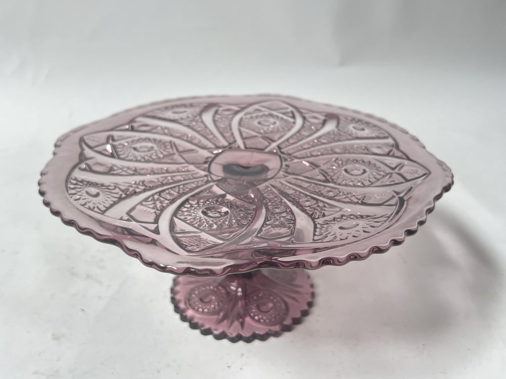 Vintage Victorian Belmont Amethyst Glass Cake Stan: Vintage Victorian Belmont Amethyst Glass Cake Stand, 5in by 10.5in