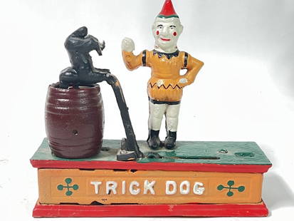 Vintage Cast Iron "Trick Dog" Mechanical Bank: Vintage Cast Iron "Trick Dog" Mechanical Bank, 7in by 8in