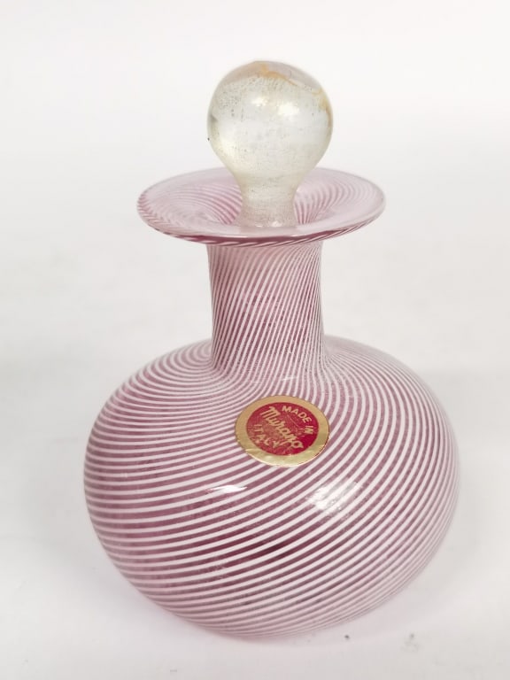 Vintage Murano Italy Pink/White Swirl Glass Perfum: Vintage Murano Italy Pink/White Swirl Glass Perfume Bottle, 4.5in