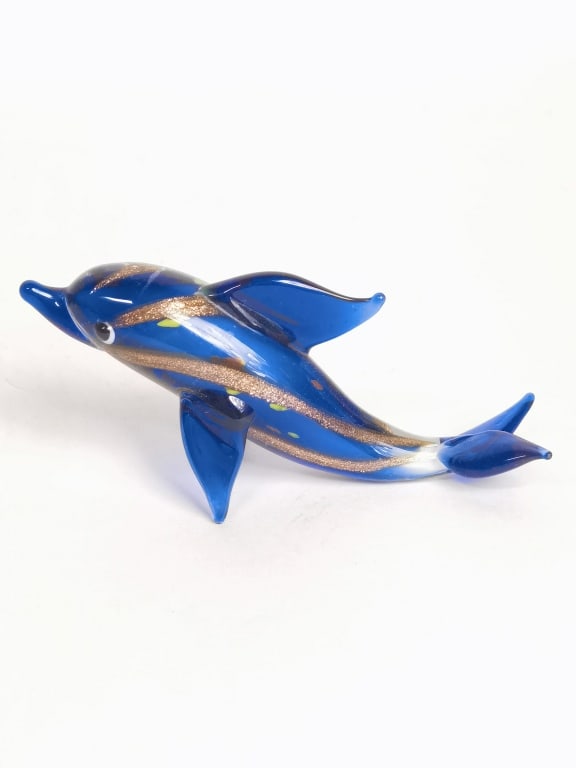 Vintage Murano Italy Glitter Stripe Blue Glass Dol: Vintage Murano Italy Glitter Stripe Blue Glass Dolphin, 3.75in by 2in