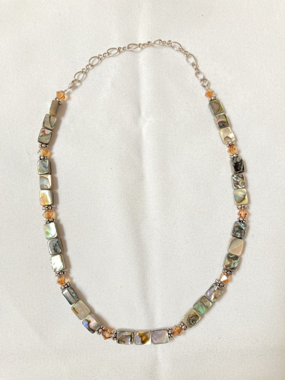 Abalone Square Bead Necklace with 925 Clip: Abalone Square Bead Necklace with 925 Clip, 8.25in