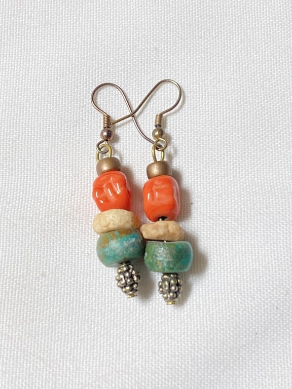 Pr. of Turquoise, Coral, Stone Earrings: Pr. of Turquoise, Coral, Stone Earrings, 2 1/8in