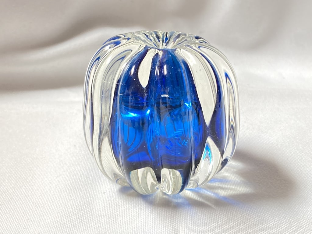 Clear Overcast Cobalt Blue Glass Paperweight: Clear Overcast Cobalt Blue Glass Paperweight, 2 5/8in by 2.75in