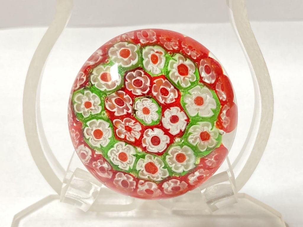 Vintage Murano Style Millefiori Glass Paperweight: Vintage Murano Style Millefiori Glass Paperweight, 1.5in by 2 1/8in