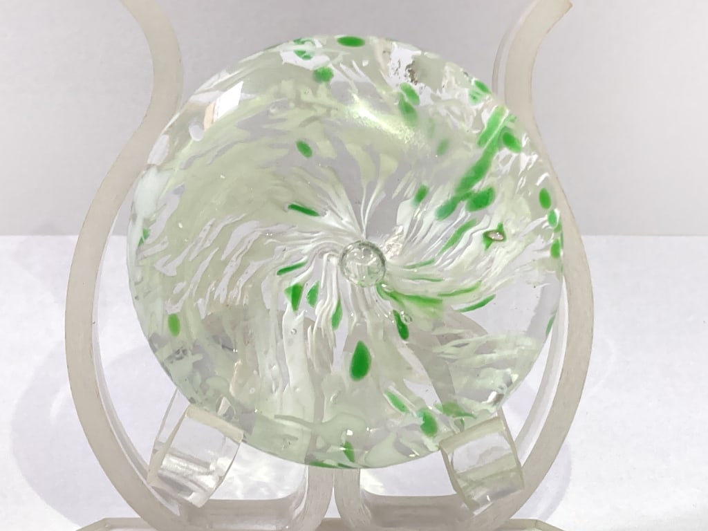 Unmarked Green Splatter White Swirl Glass Paperwei: Unmarked Green Splatter White Swirl Glass Paperweight, 0.75in by 2.75in