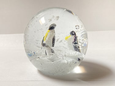 Unmarked Penguins Glass Paperweight
