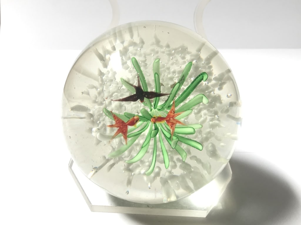 Murano Style Aquarium Glass Paperweight: Murano Style Aquarium Glass Paperweight, 3.5in by 3 7/8in