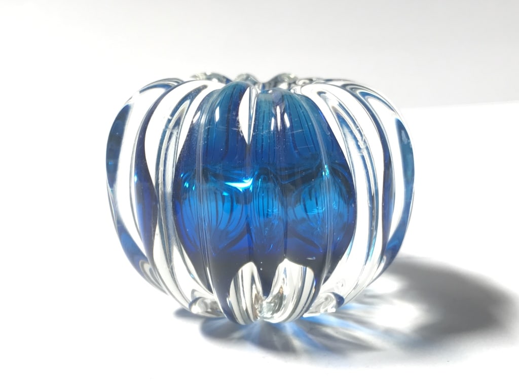 Clear Overcast Cobalt Blue Glass Paperweight: Clear Overcast Cobalt Blue Glass Paperweight, 2.25in by 3in