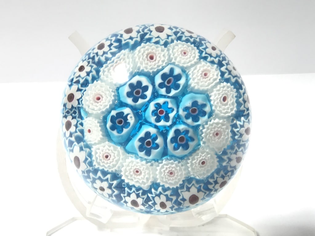 Murano Italy Blue Millefiori Glass Paperweight: Murano Italy Blue Millefiori Glass Paperweight, 2 7/8in by 3.25in