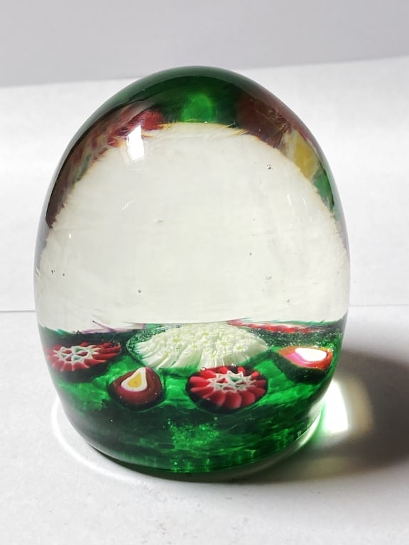 Unmarked Millefiori Egg Shape Glass Paperweight: Unmarked Millefiori Egg Shape Glass Paperweight, 2 7/8in by 2.5in