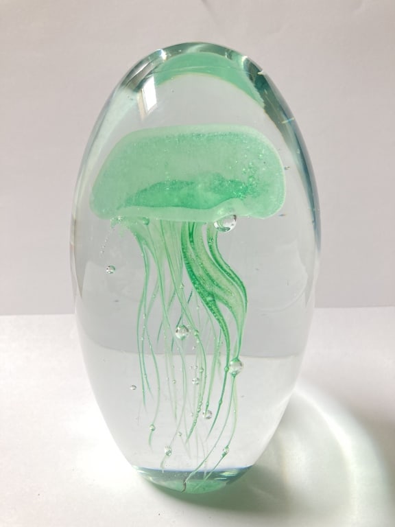 Unmarked Green Jellyfish Glass Paperweight: Unmarked Green Jellyfish Glass Paperweight, 6 7/8in by 3 7/8in