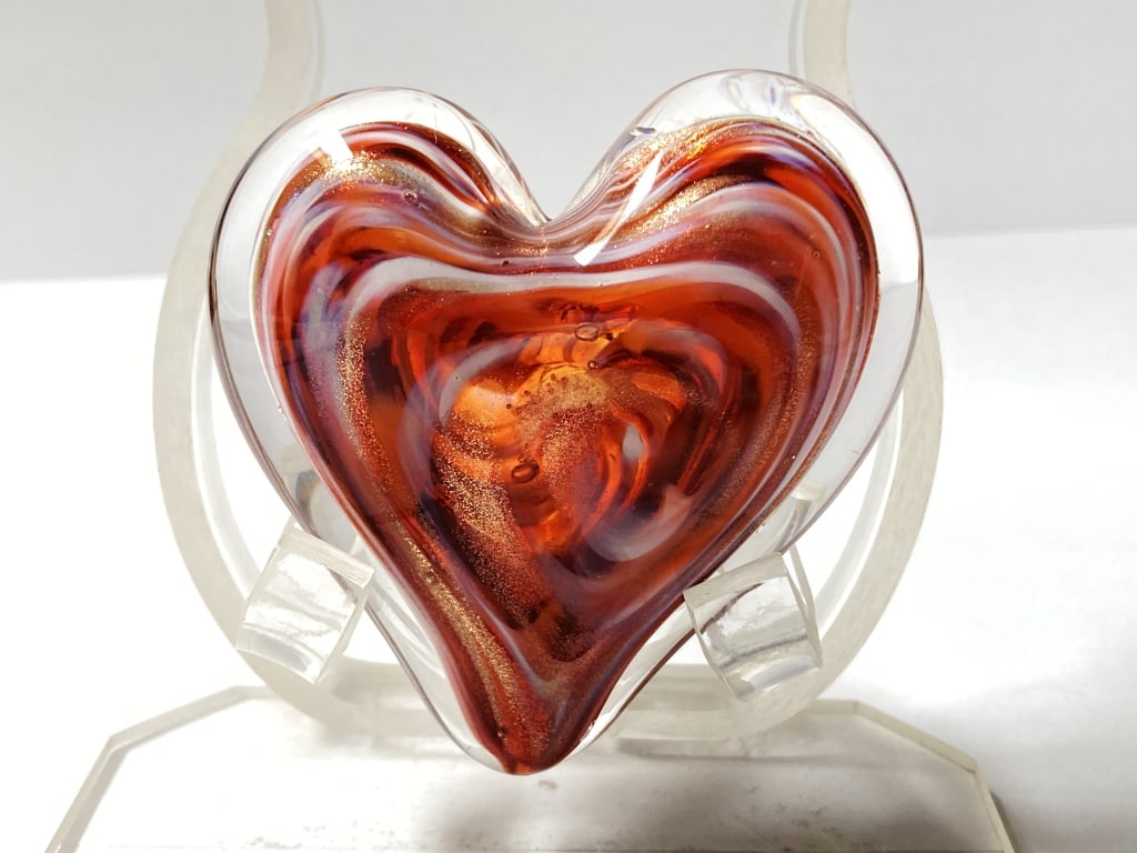 Dockyard Glassworks Amber Swirl Glass Heart Paperw: Dockyard Glassworks Amber Swirl Glass Heart Paperweight, 1 1/8in by 2 5/8in