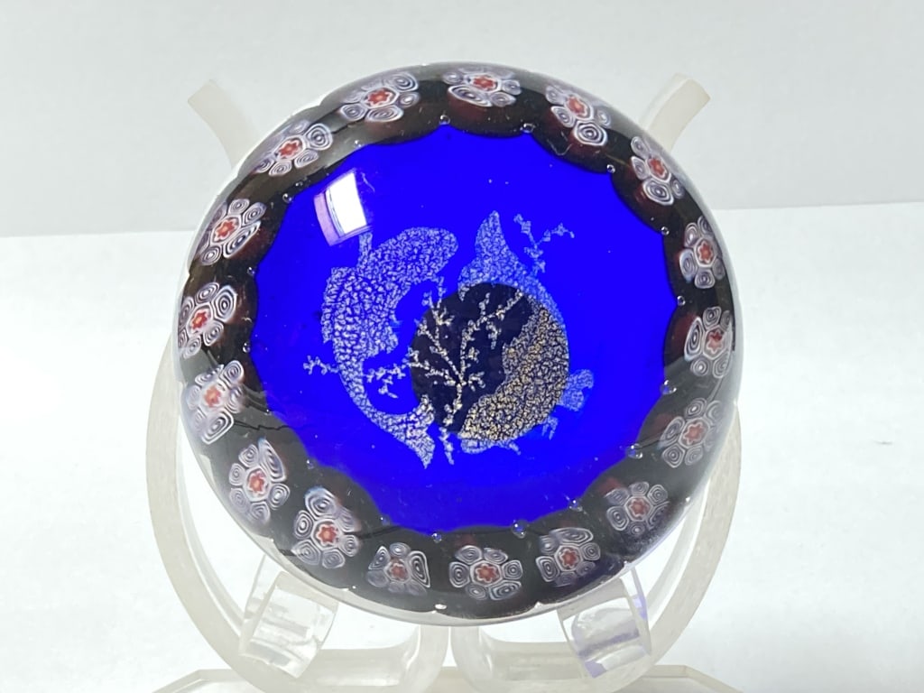 Murano Italy Millefiori Pisces Glass Paperweight: Murano Italy Millefiori Pisces Glass Paperweight, 2 1/8in by 3.25in