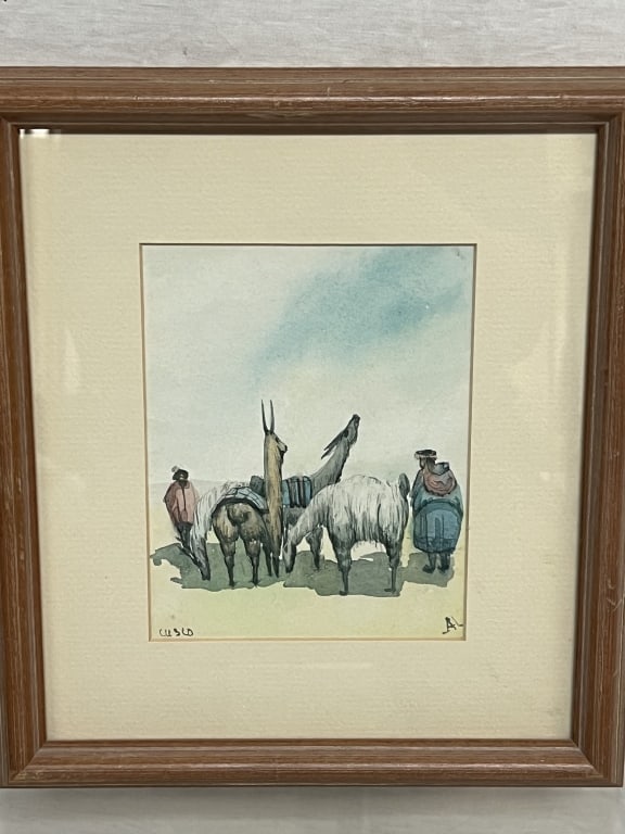 Llamas and Traveler Watercolor Painting by Cusco: Llamas and Traveler Watercolor Painting by Cusco, 10.25in by 9 3/16in