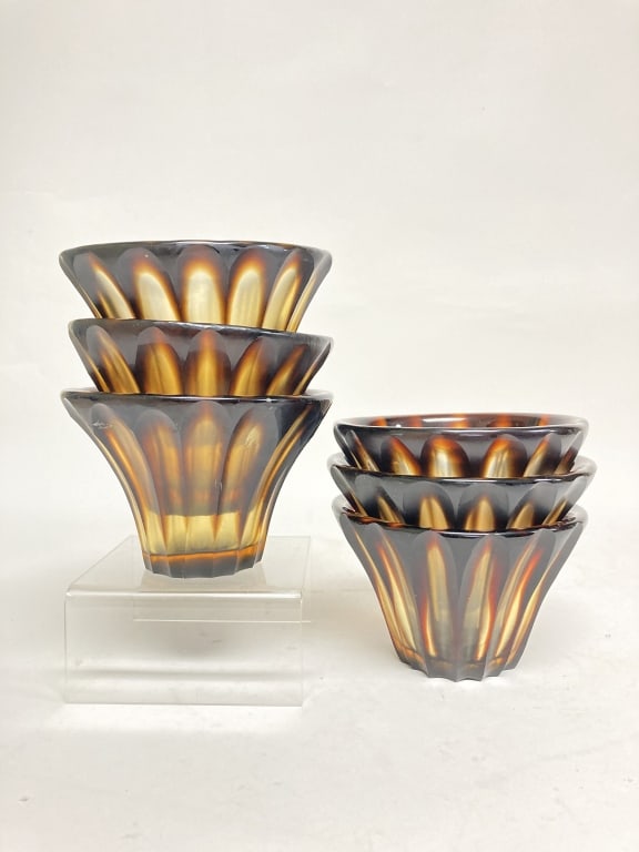 (6) Brown/Clear Glass Orla Tealight Votives: (6) Brown/Clear Glass Orla Tealight Votives, 3 3/8in by 4 5/8in