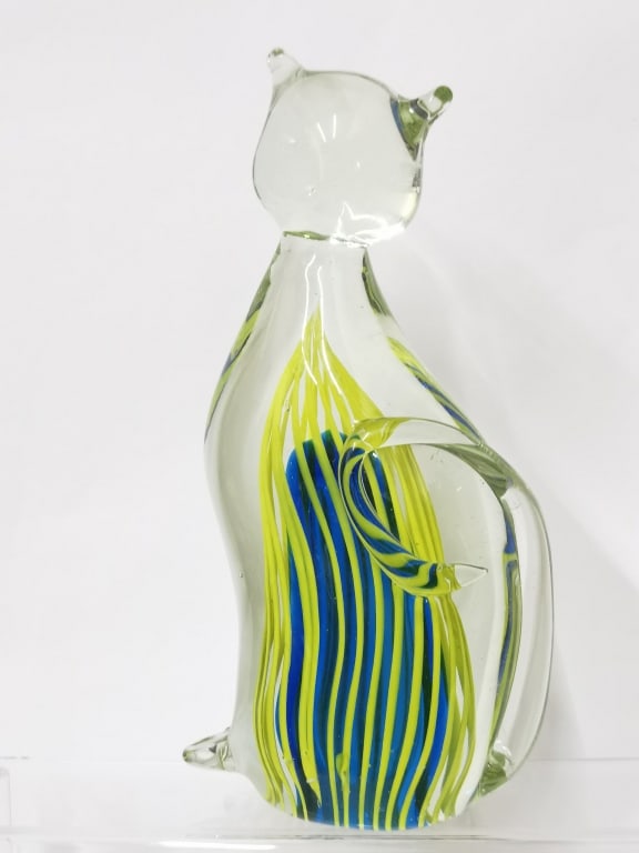 Vintage Murano Italy Yellow Strip Art Glass Cat: Vintage Murano Italy Yellow Strip Art Glass Cat, 10in