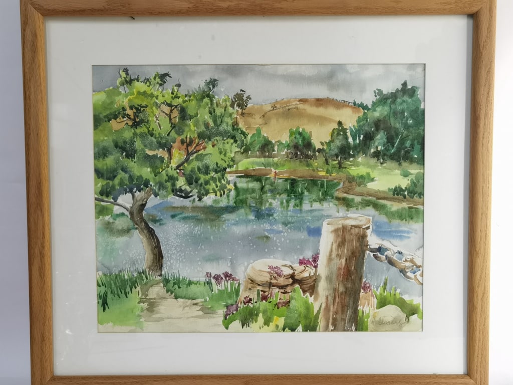 Vintage Landscape Watercolor Painting, Signed H. C: Vintage Landscape Watercolor Painting, Signed H. Clemens, 26in by 30.25in
