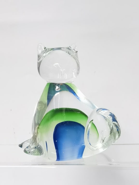 Vintage Murano Italy Clear/Green/Blue Glass Cat: Vintage Murano Italy Clear/Green/Blue Glass Cat, 5.5in