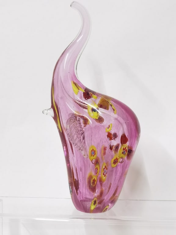 Murano Designed Millefiori Pink Art Glass Elephant: Murano Designed Millefiori Pink Art Glass Elephant, 9.25in