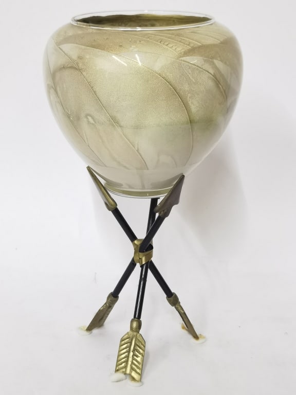 Vintage Art Glass Vase with Brass Arrow Stand: Vintage Art Glass Vase with Brass Arrow Stand, 11in