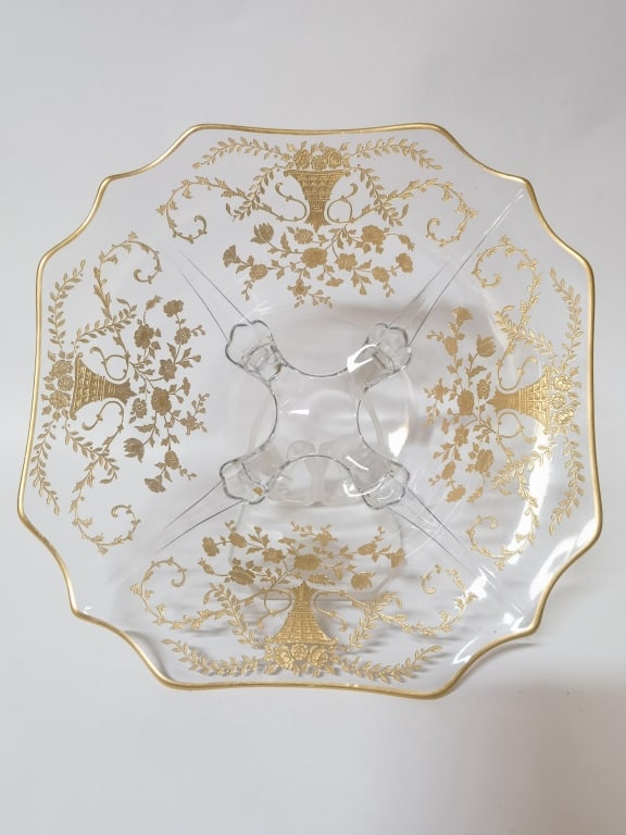 Vintage Gilt Clear Glass Footed Bowl: Vintage Gilt Clear Glass Footed Bowl, 11in by 4in