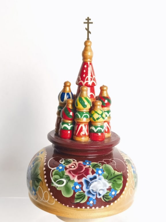 Vintage Russian Church Spinning Music Box: Vintage Russian Church Spinning Music Box, 7.75in