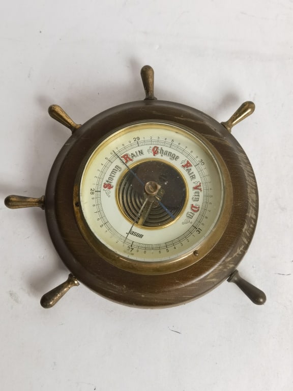 Vintage Jason Germany Wood Wheel Barometer: Vintage Jason Germany Wood Wheel Barometer, 7.5in