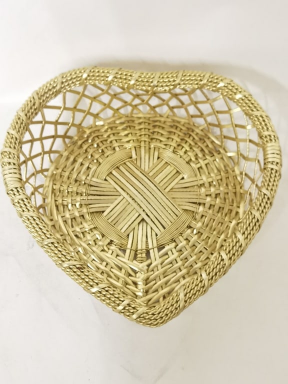 Vintage Golden Metal Lattic Heart Dish: Vintage Golden Metal Lattic Heart Dish, 3.25in by 9.5in