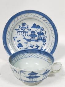 Antique Chinese Export Porcelain B&W Tea Cup Set
