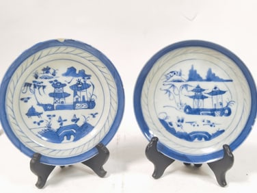 (2) Antique Chinese Export Porcelain B&W Plates