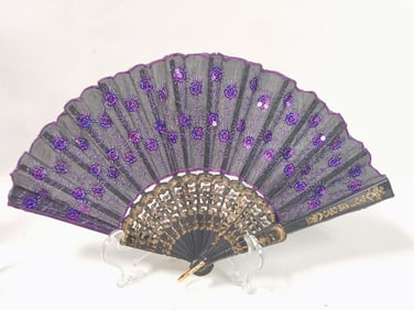 Vintage Embroidered Black Fabric Fan