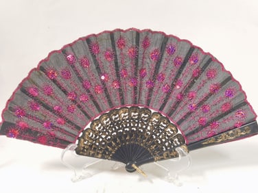 Vintage Embroidered Black Fabric Fan