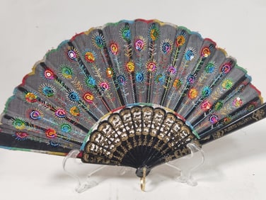 Vintage Embroidered Black Fabric Fan