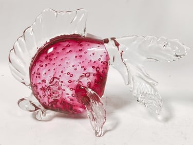 Large Murano Italy Magenta Bubble Glass Fish