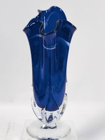 Vintage Hand Blown Cobalt Blue Glass Ruffled Vase