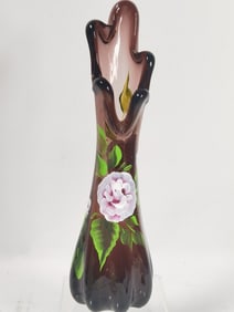 Vintage Fenton Style Hand Painted Amethyst Glass V