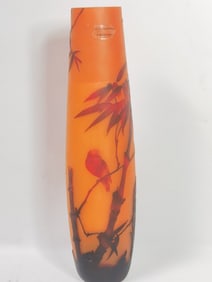 Large Vintage Galle Style Bamboo and Bird Glass Va