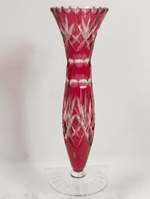Vintage Bohemian Cranberry Cut-to-Clear Glass Vase