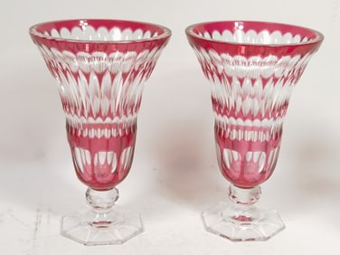 Pr. of Vintage Bohemian Cranberry Cut-to-Clear Gle