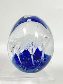Vintage White Splatter Bubble Blue Glass Paperweig