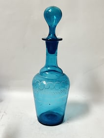 Vintage Fenton Hand Painted Blue Glass Decanter