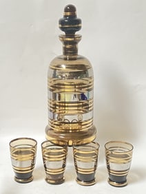 Vintage Art Deco Gold Stripe Glass Decanter Set