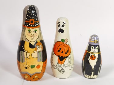 (3) Vintage Wooden Halloween Dolls